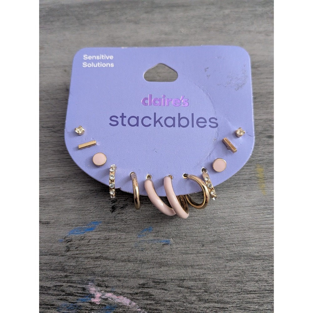Claire's Stackables 6 Pair Earring Set Gold Pink Enamel Rhinestone Stud Hoop